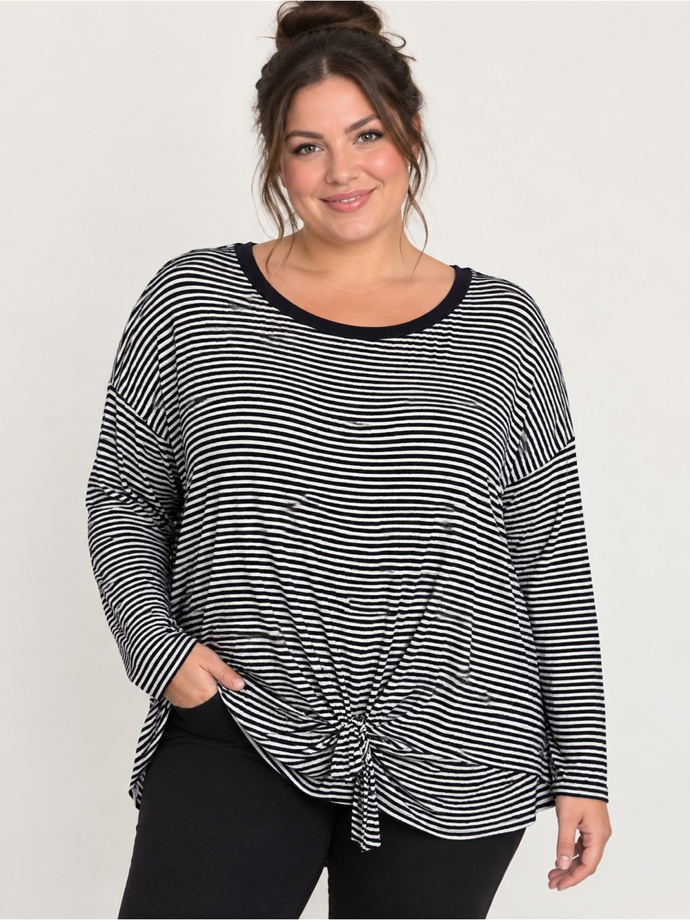Reborn J Striped Tie-Front Long Sleeve Top - Black/White